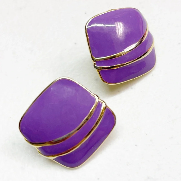 3 for $10 🛍️ 80s Vintage Clip On Statement Earrings Set Purple & Gold Square - Picture 3 of 4